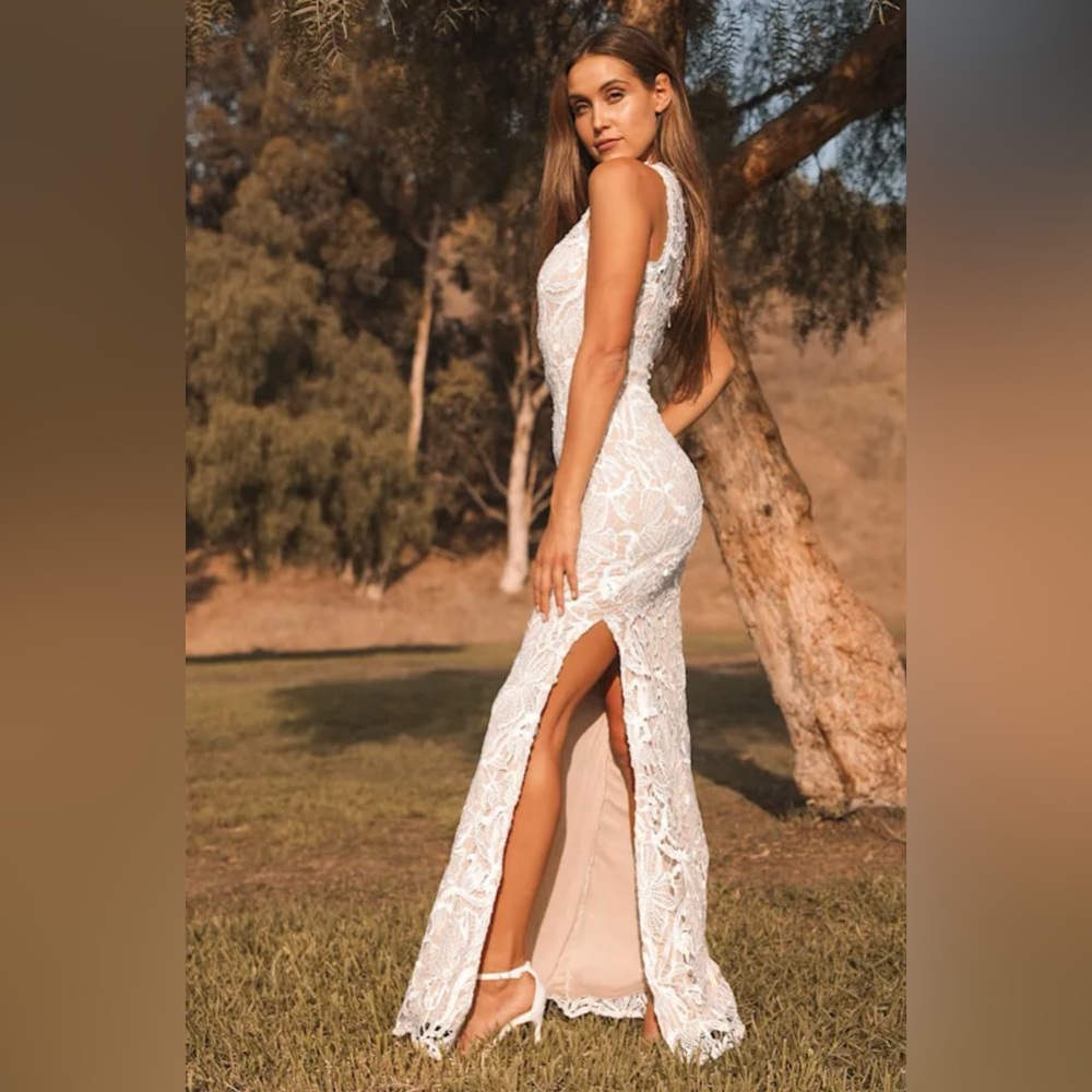 White Crochet Lace Mermaid Maxi Dress Large Boho Wedding Bridal Beach Gown - Picture 3 of 15